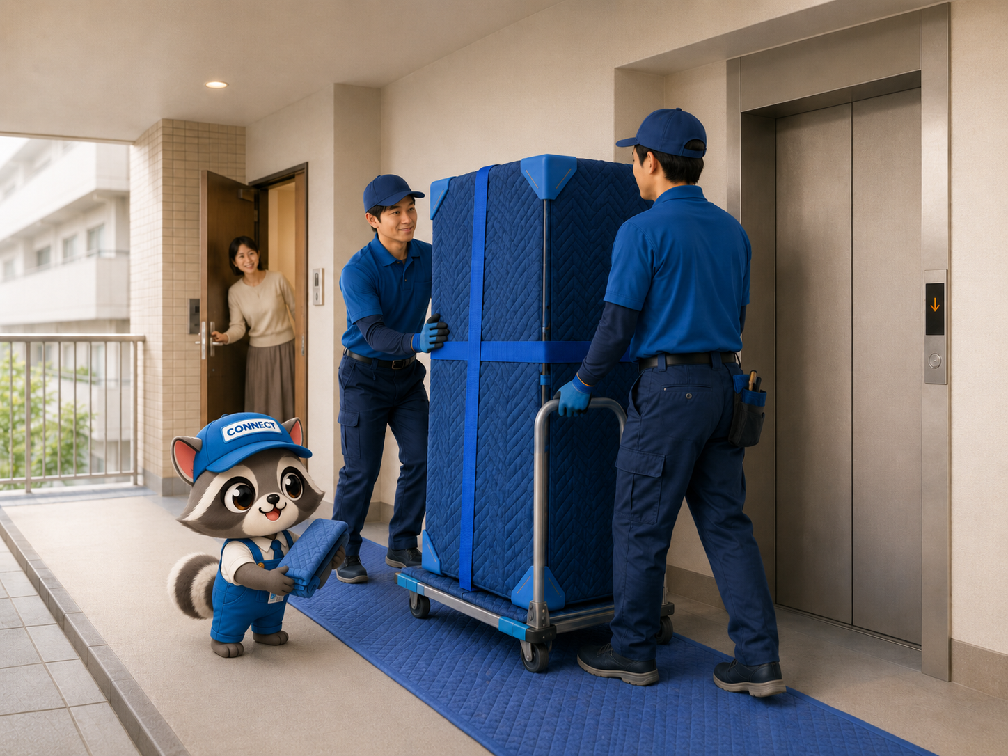 入間市の高齢者施設への引越しで共用部に配慮して作業する様子