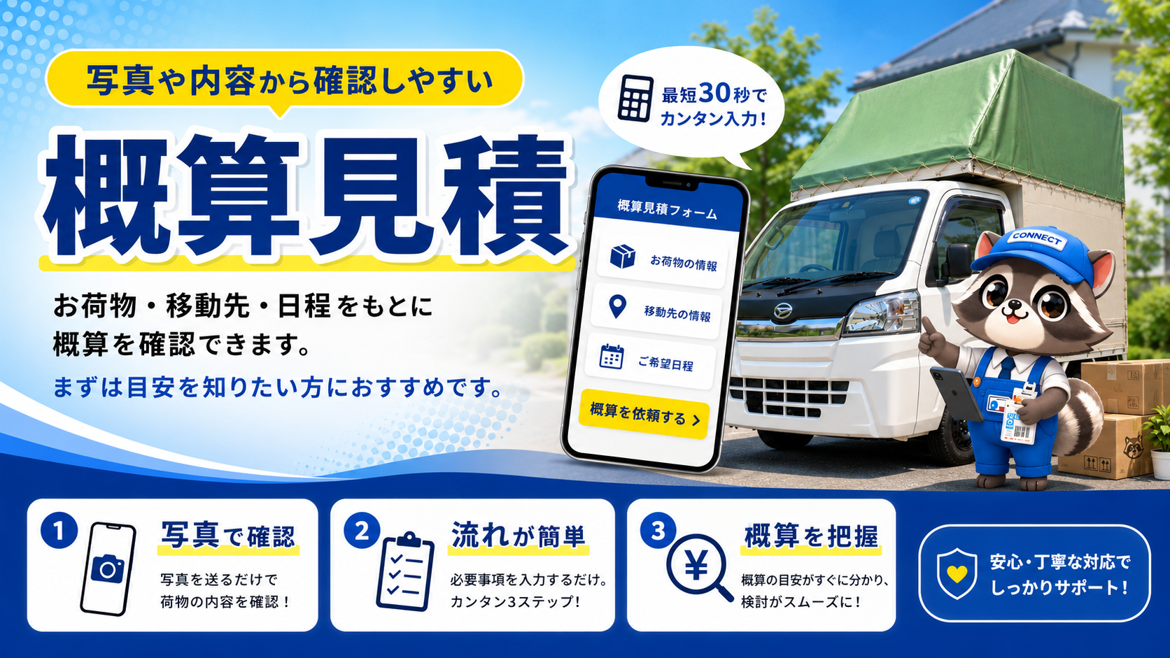 スマホの見積フォームとconnectのコネ丸君が荷物量や移動距離の概算見積を案内している画像