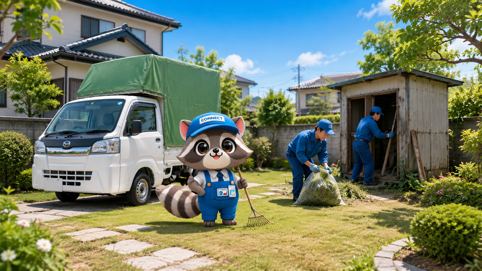 草に囲まれた古いスチール物置の解体と庭片付けのイメージ（作業画像）