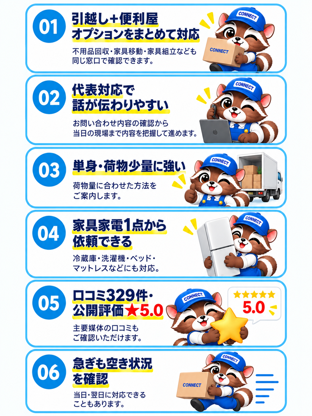 所沢引越しconnectが選ばれる6つの理由をまとめた画像。引越し＋便利屋オプション、代表対応、単身・荷物少量に強い、家具家電1点から対応、口コミ329件、急ぎの引越し対応を案内している