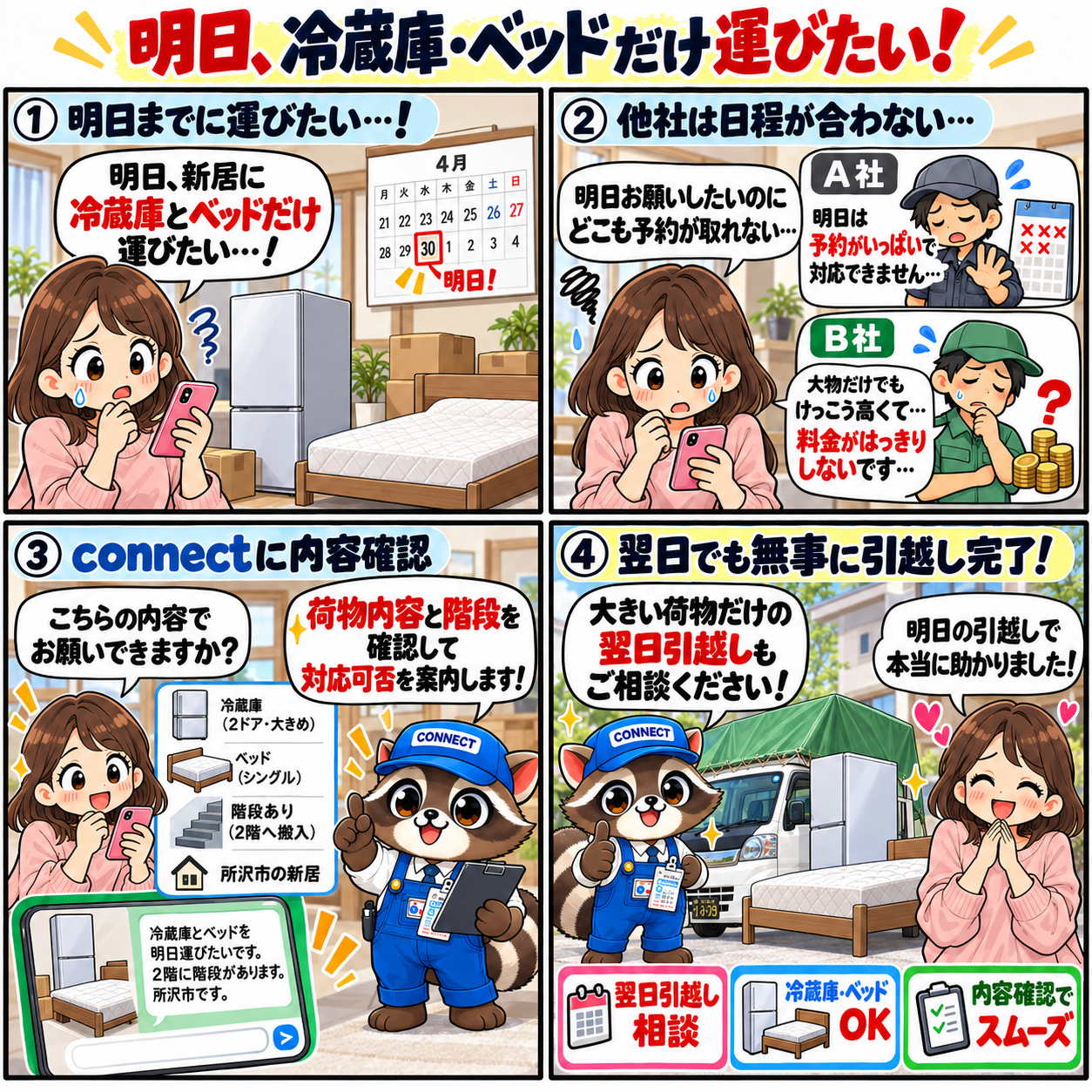 明日までに冷蔵庫とベッドだけ運びたい人が所沢引越しconnectへ依頼して翌日引越しを完了する4コマ漫画