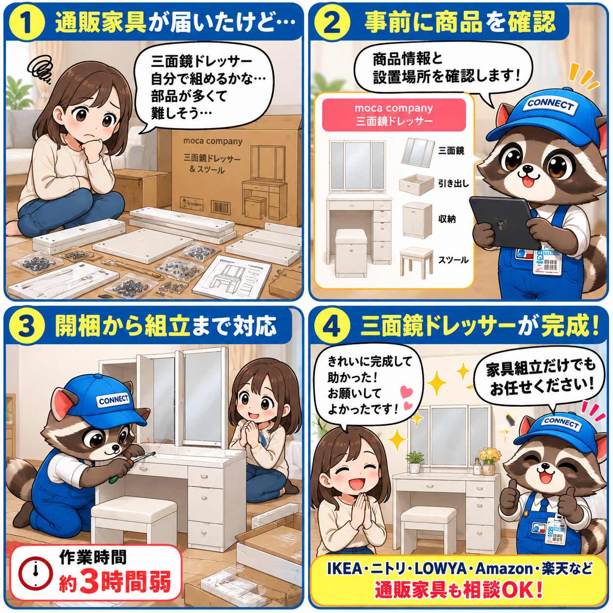 通販で届いた三面鏡ドレッサーを所沢引越しconnectが開梱から組立・設置まで対応する4コマ漫画